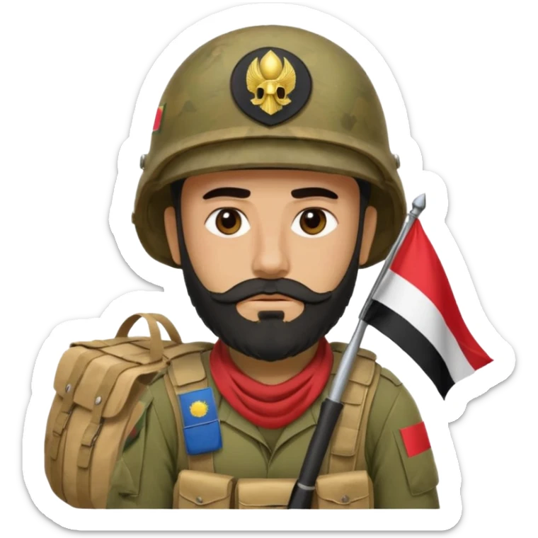 A tired and sad, swarthy Iraqi soldier with a beard, an Iraqi flag on his helmet, a sad expression and bags under his eyes sticker