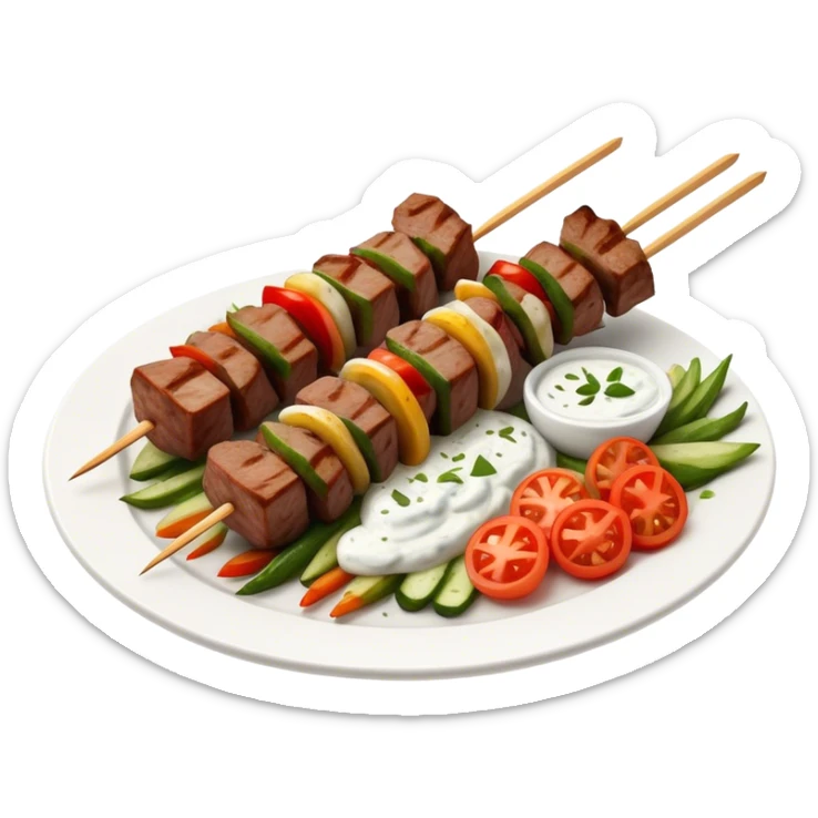 Cinematic Realistic Souvlaki Dish Emoji, showcasing skewered, grilled meat with Mediterranean spices rendered with dynamic textures and warm, appetizing lighting. sticker