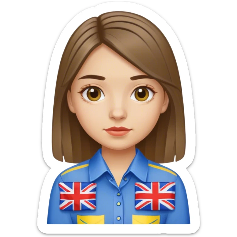 A Ukrainian girl wearing an embroidered shirt and a British flag sticker