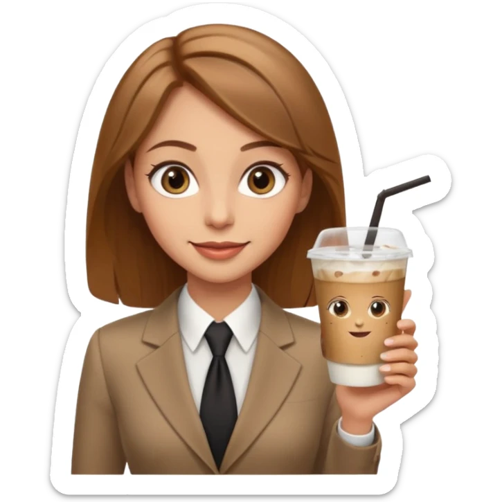 Women in front of laptop with a happy face, light brown hair, light brown big eyes, light skin with a iced coffee on the side, business attire sticker