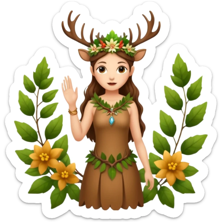 forest fairy woman dressed as deer spirit, antler crown and leaf dress, standing in flowers sticker