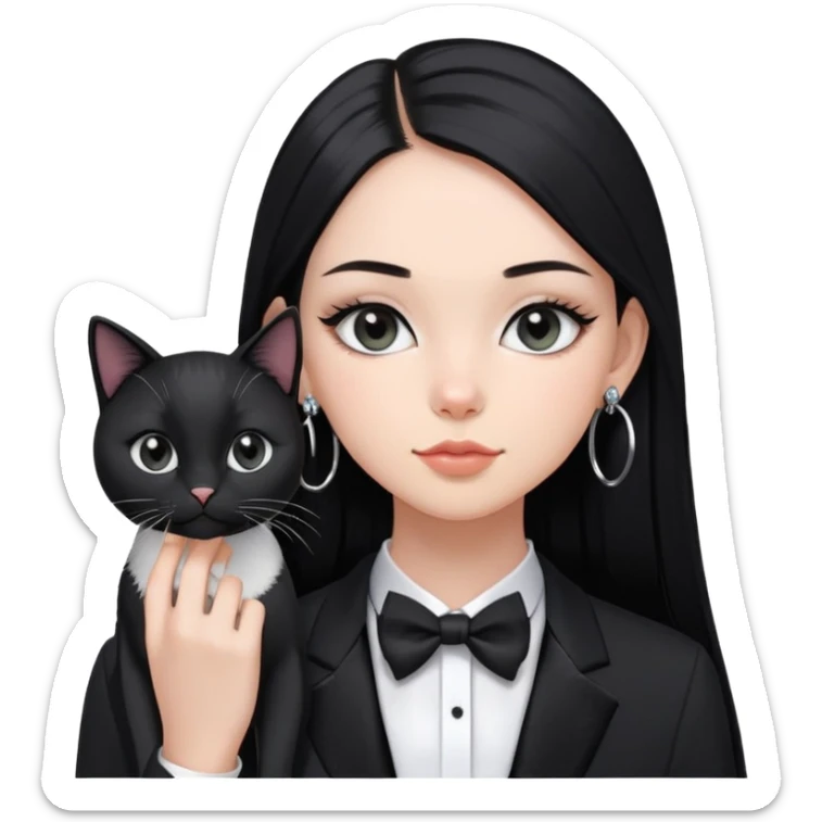 A girl with long straight black hair has upward-slanting eyeliner. She is wearing large silver hoop earrings, a black t-shirt, She is holding a  tuxedo cat with a black face  sticker