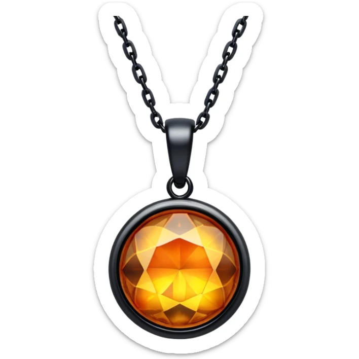 extreme close up of a round cut holographic amber charm with black metal accent and black chain, chain and findings tight against the gem sticker