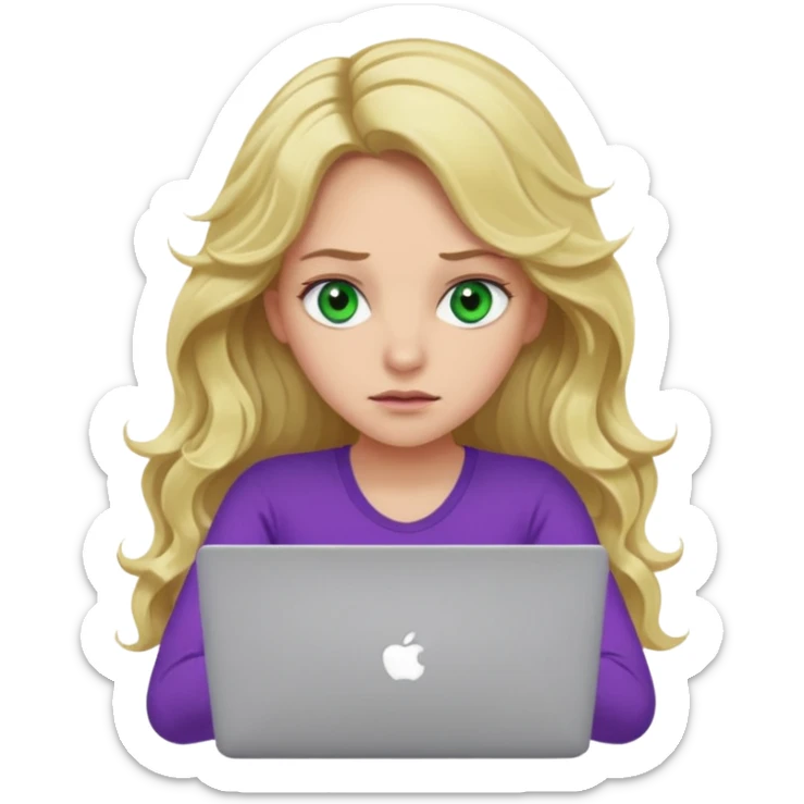 lady with long blonde wavy hair, purple top, green eyes throwing her with a laptop looking exhausted sticker