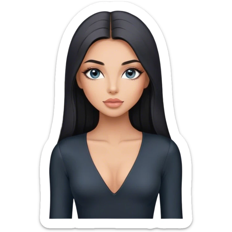 Glamours, tanned, very beautiful girl, with big pump peach-beige-rose lips, long long lashes, black straight smooth silky long hair, straight parting hair, blue-grey eyes in black long-sleeves v-neck bodysuit sticker