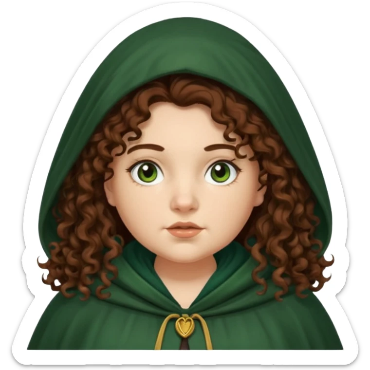 A white woman with a chubby face, with extra long dark auburn hair, cloaked and hooded like she's a Traitor in the tv show 'The Traitors'. her hair is frizzy curly, not with defined curls, and the robe is a very dark green/almost black color sticker