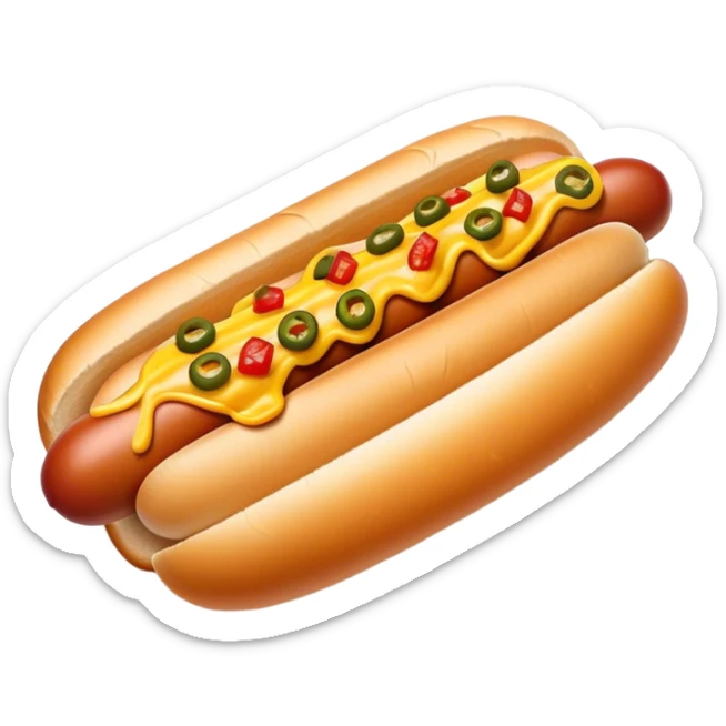 Cinematic Realistic Hot Dog Dish Emoji, featuring a classic hot dog in a bun topped with mustard and relish rendered with crisp textures and vibrant, dynamic lighting. sticker