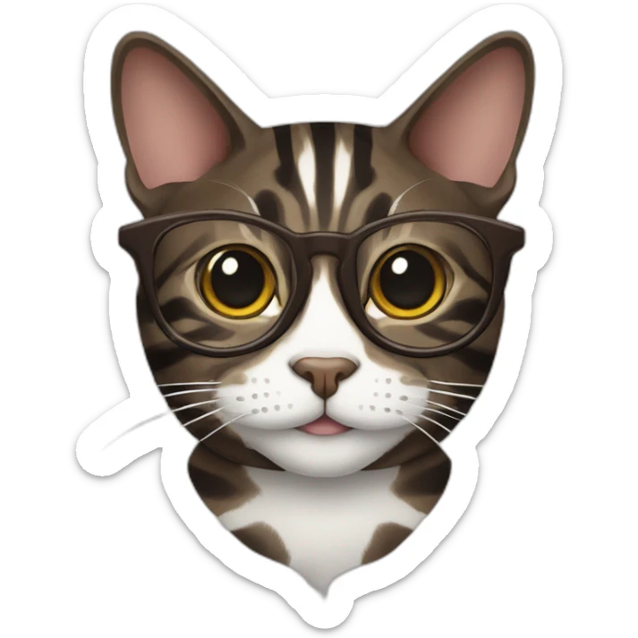 Striped wenge domestic shorthair cat head with white mouth wearing glasses sticker