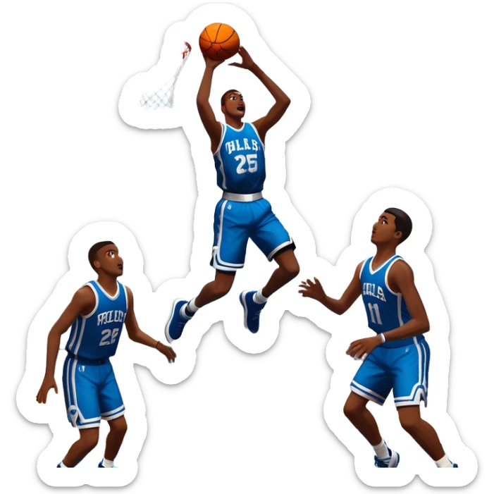 An icon featuring a basketball court with players in action, inspired by NBA 2K25. A player jumps for a dunk, with the ball mid-air. Bright lights illuminate the court, symbolizing the excitement of sports simulation games. Transparent background emphasizes the energy. sticker