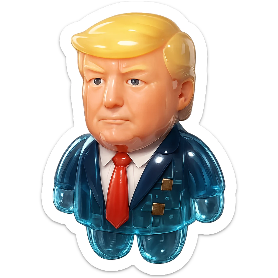 Donald Trump, glossy 3D avatar, facing forward, dark suit, white shirt, red tie, realistic face with slight cartoon style, smooth lighting, black background, centered sticker