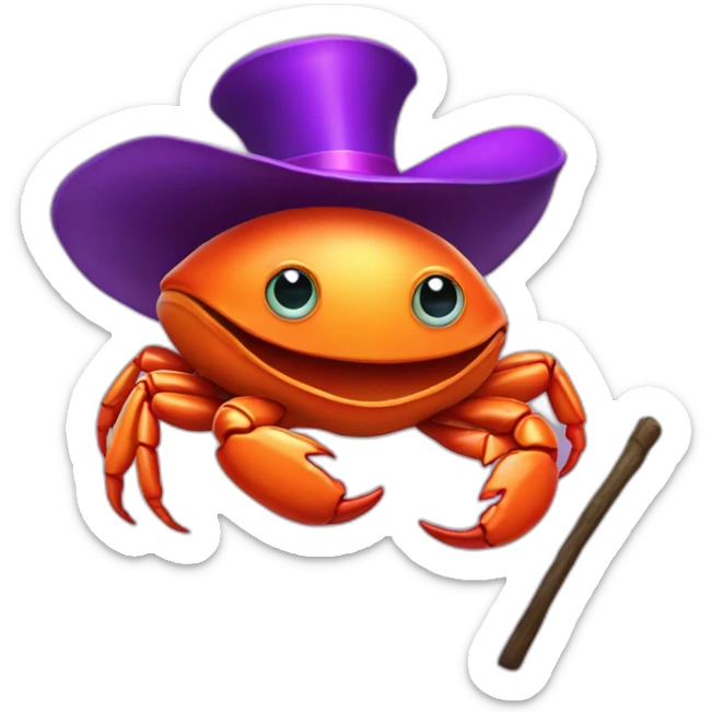 Big orange crab with a purple magician tophat and holding a stick sticker
