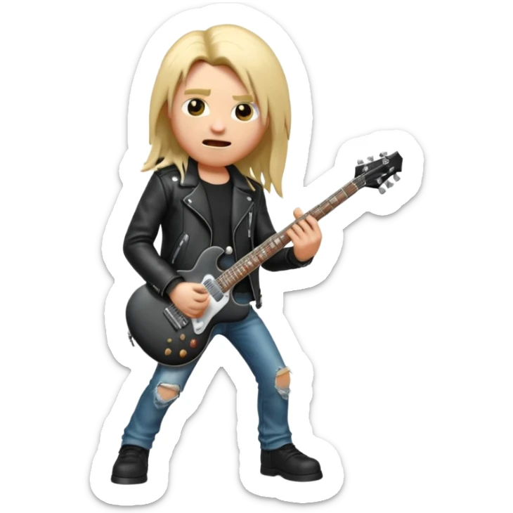3D Apple-style emoji of a metal musician. Long hair, black leather jacket, ripped jeans, holding an electric guitar. Intense expression, glossy, rounded, smooth, soft shadows, white background.









 sticker
