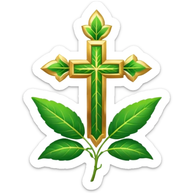 "A clean, friendly emoji of three vibrant green Tulsi (Holy Basil) leaves centered over a small, glowing golden cross or 'plus' sign, symbolizing healing. Simple, flat, 32x32 pixel icon style. Transparent background. Icon for natural healing and wellness." sticker