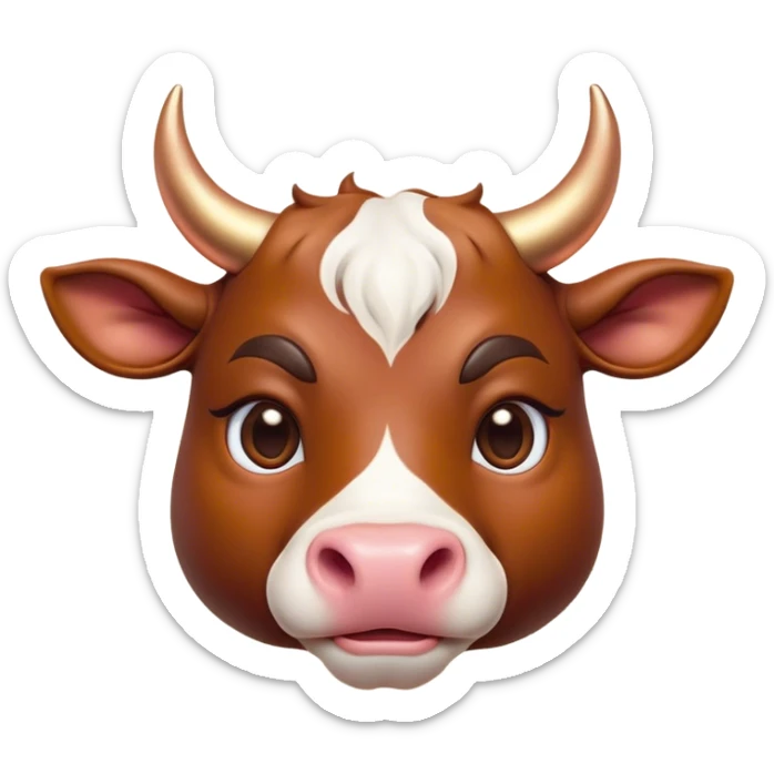 Cinematic Cute Domestic Bull Portrait Emoji, Head tilted playfully and inquisitively, with a sturdy, compact build and a smooth, polished coat of rich copper and brown hues accentuated by gently curved horns, round, sparkling eyes full of curious determination, Simplified yet irresistibly adorable features, highly detailed, glowing with a warm, friendly glow, high shine, affectionate and spirited, stylized with a touch of rustic charm, soft glowing outline, capturing the essence of a mischievous yet loving domestic bull that feels like it could trot out of the screen and into your arms! sticker