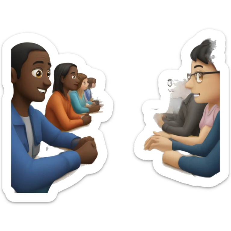 Camera club meeting with people sitting at long table with a digital screen at one end. sticker