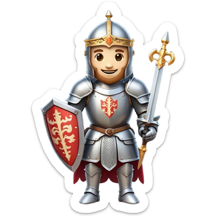 Clash of Clans aesthetic Cheerful Knight Portrait Emoji, With a radiant smile and an upright, confident stance, featuring an elegantly armored figure with intricate detailing and shining accents, his face in a natural skin tone, Simplified yet expressive features, highly detailed, glowing with a soft, luminous aura, high shine, upbeat and noble, stylized with an air of classic medieval heroism, soft glowing outline, capturing the essence of a cheerful knight ready to embark on legendary adventures! sticker