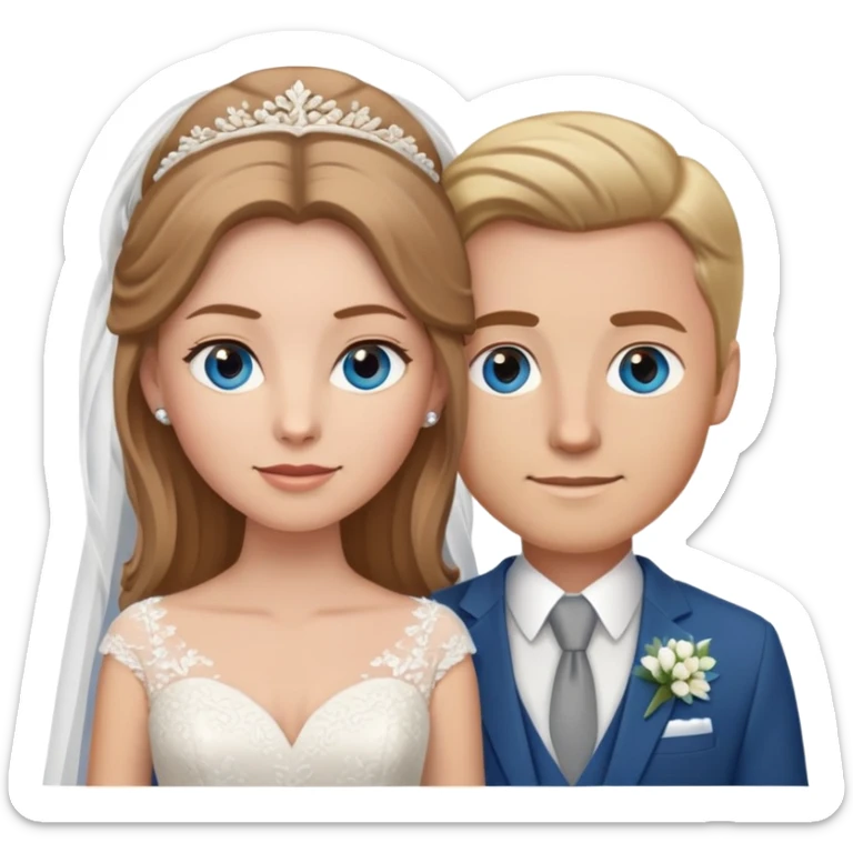 portrait of a bride with light brown hair and grey-blue eyes, and a groom with blonde hair, blue eyes, wearing a brown suit sticker