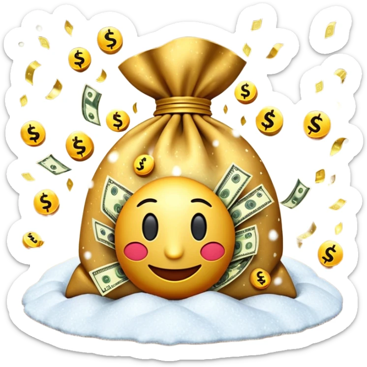 3D emoji style, money bag with dollar bills, New Year theme, snow particles, festive lighting, rich vibe, high detail, transparent background

 sticker