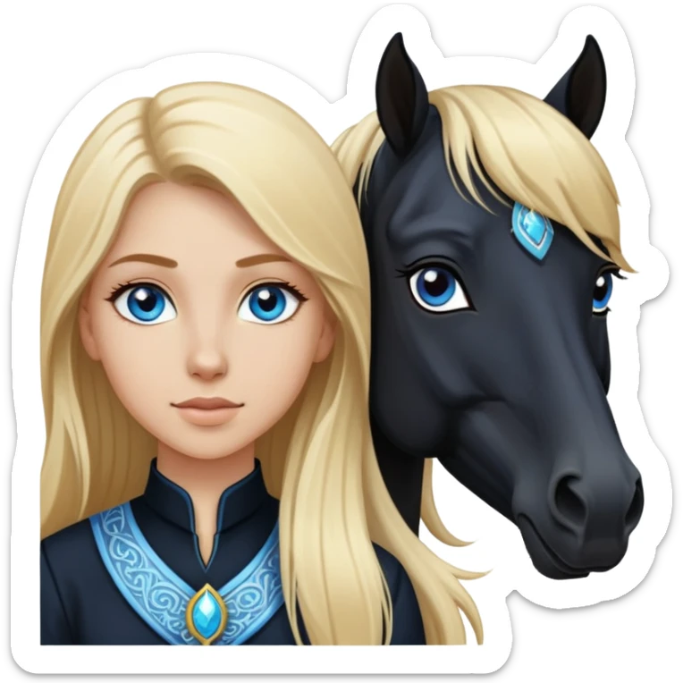 White girl, long blonde hair, beautiful blue eyes, next to a black Arabian horse sticker