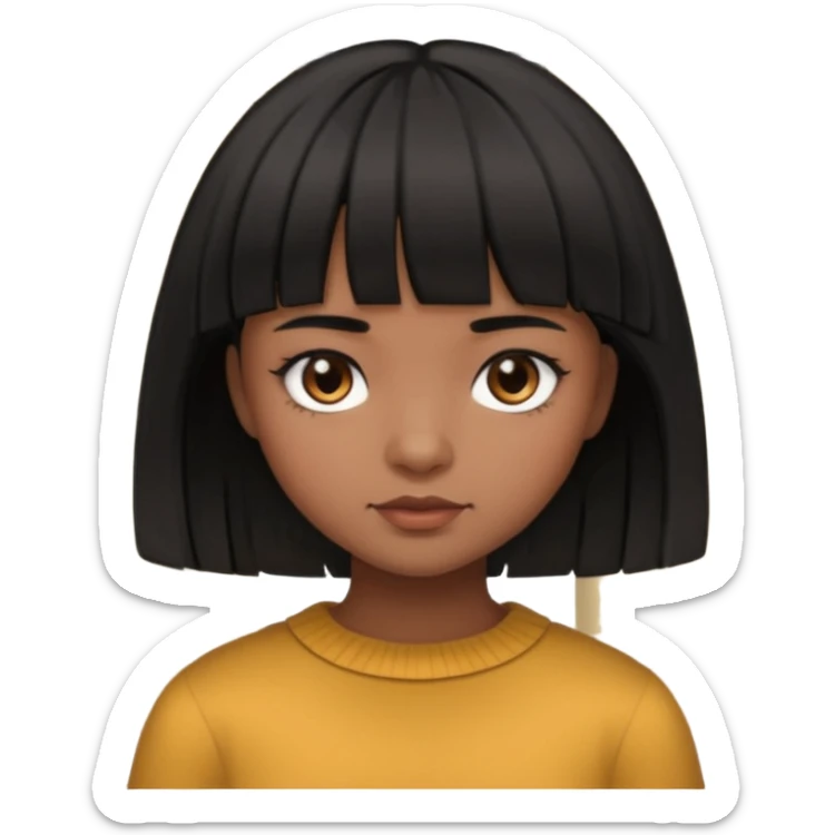 Girl that has a short black hime cut with curtain bangs, then dark brown eyes, and has a bit brown skin sticker