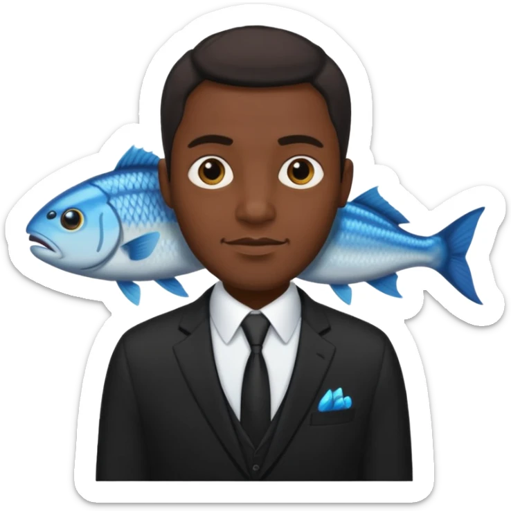 A man dressed in a black suit. His face is that of a fish — therefore, he has NO human face!! The fish’s face is positioned vertically, meaning its mouth is facing upward. Ok? sticker