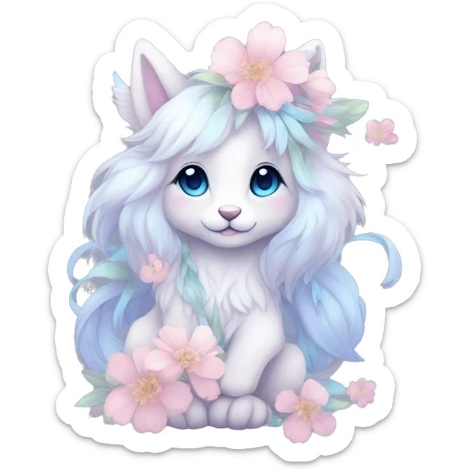 Anthro Cute Cool Pastel Innocent Shy Kawaii gorgeous sparkly ethereal fantasy animal creature with blue eyes furry sona with flowers and ribbons beautiful aesthetic sticker