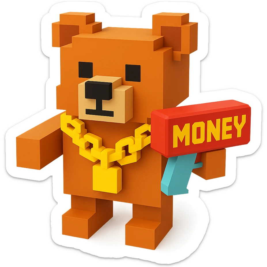 A grizzly bear with a chain and a money gun, facing forward sticker
