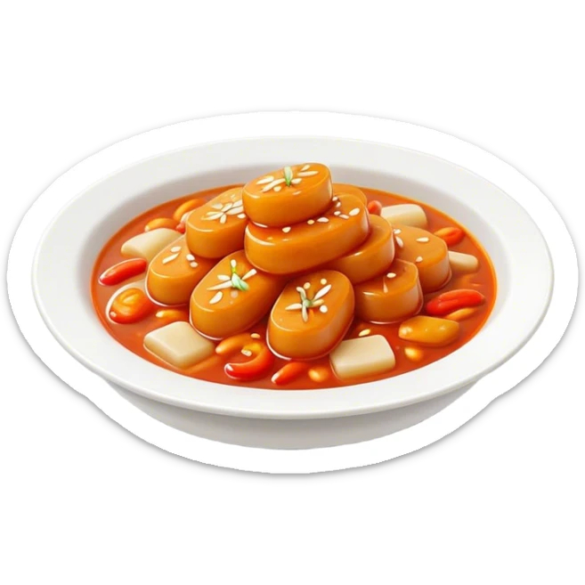 Cinematic Realistic Tteokbokki Dish Emoji, showcasing spicy, chewy rice cakes in a fiery sauce rendered with lifelike detail and bold, dynamic lighting. sticker