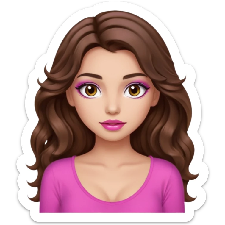 girl with long wavy brown hair, brown eyes, long lashes makeup, sexy pink lips, light to medium complexion, wearing a pink sexy top, no sticker