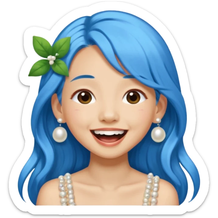 Asian girl with long blue hair, pearl hair clip, loves nature, laughing out loud sticker