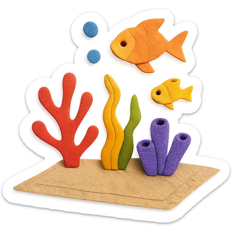 carpet on the sea floor, with layered paper corals and fish, paper craft style sticker