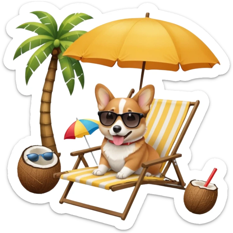 a corgi dog laied on a beach chair, a sunny beach, a sun umbrella, and beach coconut trees. the icon should capture the essence of a relaxing beach vacation with a carefree atmosphere sticker