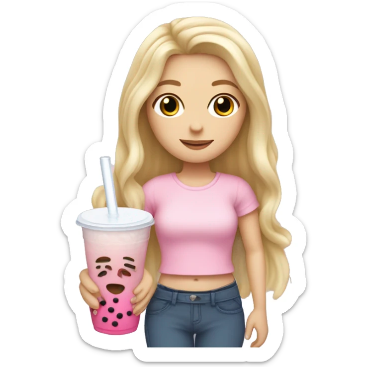 white girl with long blond hair, pink skirt, white T-shirt, right hand with a peace sign, bubble tea in her left hand sticker