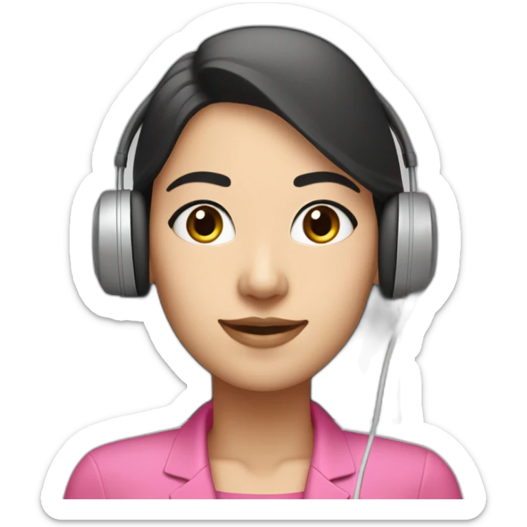 asian iranian woman Employee with white skin and black eye and headphone with microphone who is wearing pink office clothes sticker