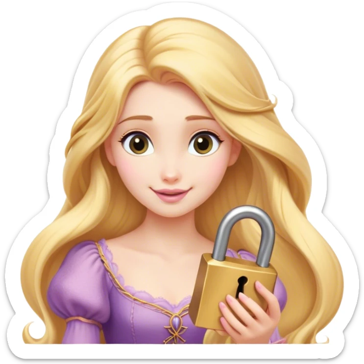 Cinematic Elegant Rapunzel Portrait Emoji, Twirling a lock of her golden hair, dreamy expression, soft pink lips curving into a gentle smile, delicate yet mesmerizing, a princess with a heart full of adventure and beauty! sticker