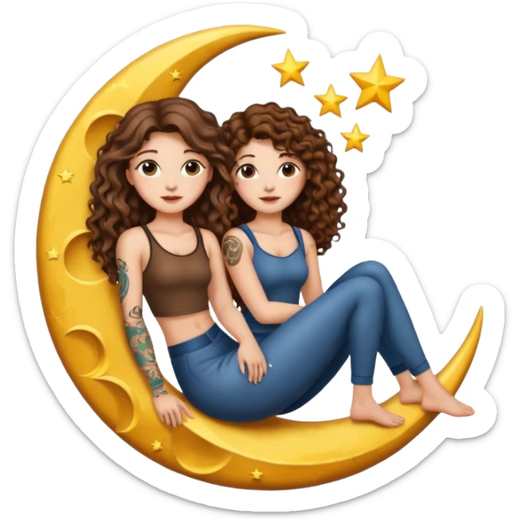 moon bench — long wavy brown hair tattooed woman and short tight curly brown hair woman — sitting on crescent moon sticker
