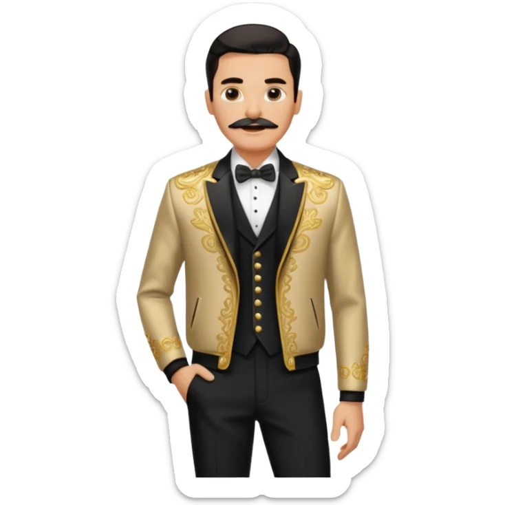 fashionable man with a mustache, slicked-back hair, ornate gold and black jacket, black shirt, and pants, standing confidently sticker