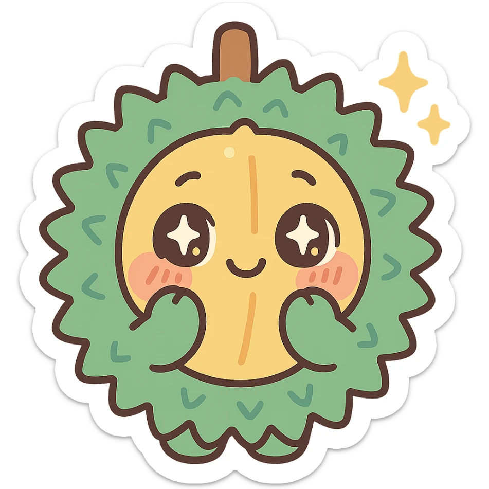 chibi-style round durian character, green spiky shell, yellow flesh, sparkly eyes, pastel colors, holding its cheeks in shyness sticker