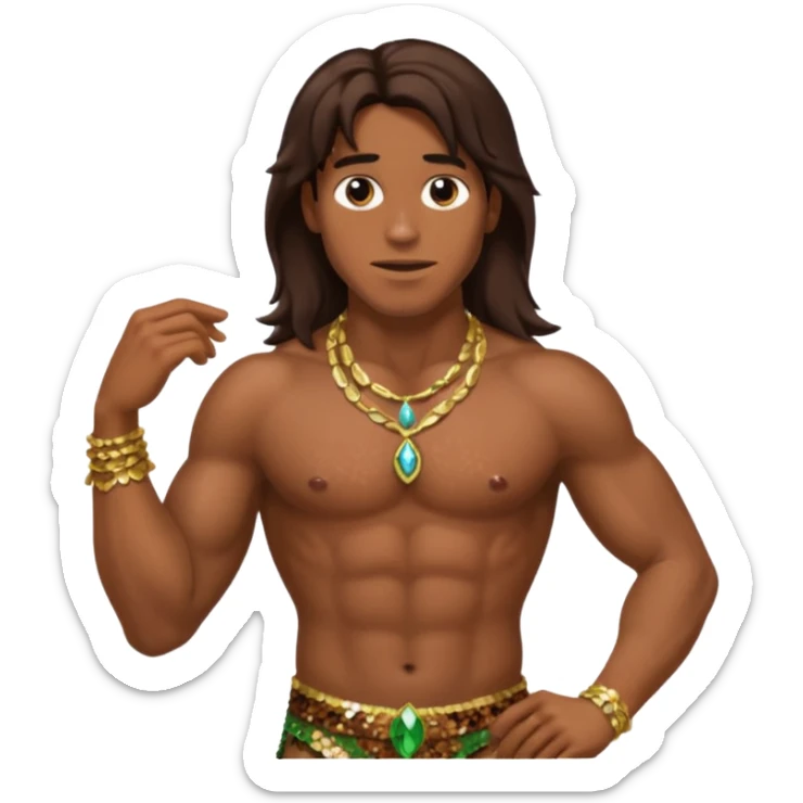 Tarzan with long dark brown hair, brown sequin loincloth, shirtless with necklace sticker