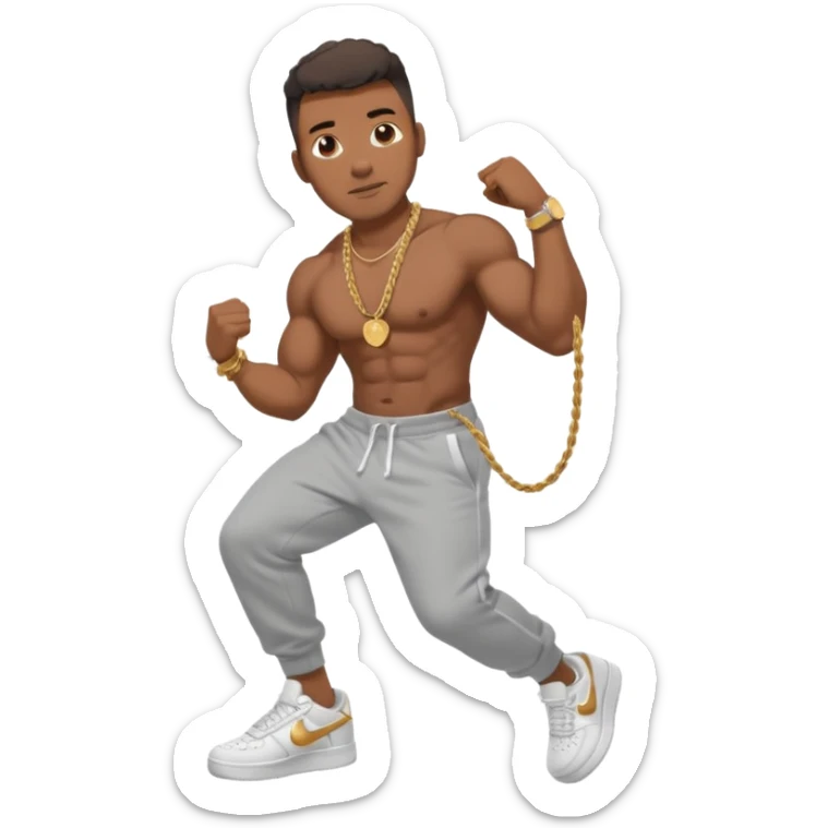 Handsome Black guy with brown skin tone, with muscular build, wearing gray sweatpants, a white t-shirt, white Air Force Ones sneakers, a small gold rope chain, and a gold watch  sticker