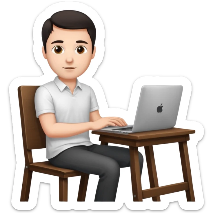 Rich man working setting on a chair in shirt, dark hair, and near the desk with laptop he is german very beautiful looks like sticker