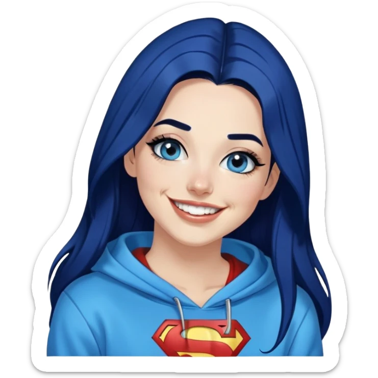 Laughing-30-year-old-adult-long-straight-dark-blue-hair-with-glitter-blue-eyes-thick-black-eyeliner-really-thick-really-long-eye-lashes-sky-blue-superman-no-ears-hoodie-sweatshirt-hoop-in-right-nostril sticker
