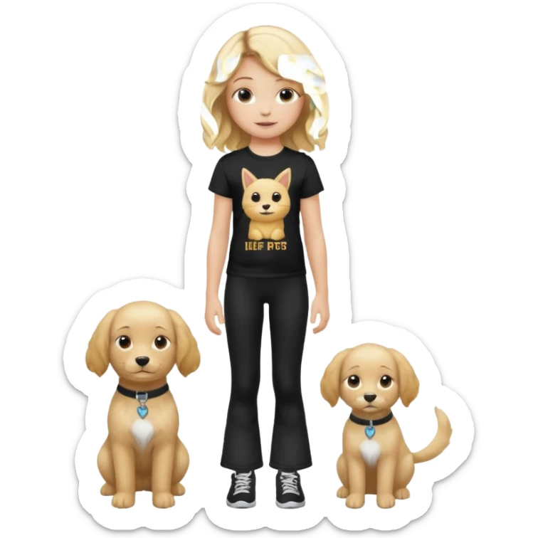 10 year old girl wearing flares black leggings and and a t-shirt that says " Free pets for lifee 💓" and her hair is blonde Wavy sticker