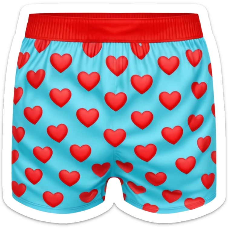 A 3D emoji of men’s boxer shorts in Apple style, decorated with bright red heart patterns. The shorts are simple with no drawstring, only an elastic waistband. Playful and fun design, glossy and smooth texture. Clean Apple-style rendering, isolated on white background.








 sticker