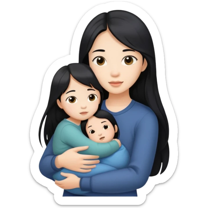 Beautiful Asian girl with long black hair, holding a boy child in her arms sticker