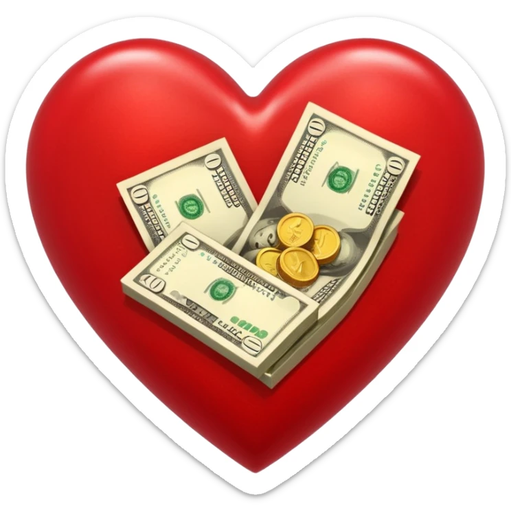 "Realistic HD heart fully merged with money, red glossy heart seamlessly fused with cash textures and gold tones, glowing dramatic light, symbolizing love and wealth becoming one, white background." sticker