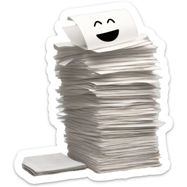 a pile of legal paper. A Macbook is on top of the pile of paper. sticker