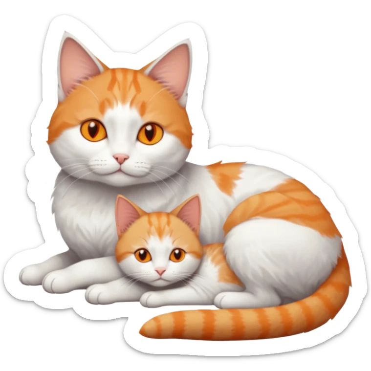 full body of a grey and white cat cuddling a very small + skinny ginger and white kitten with deep orange eyes and triangular shaped face lying down sticker