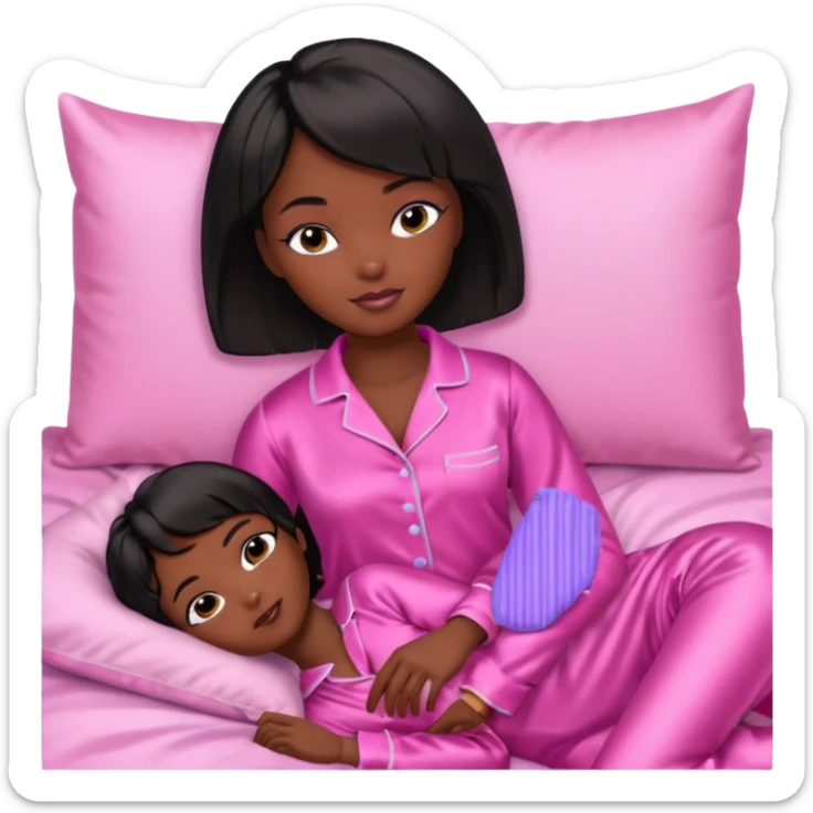 Dark skin Black barbie, short  black bob  hair, pink pajamas in bed sleeping  sticker
