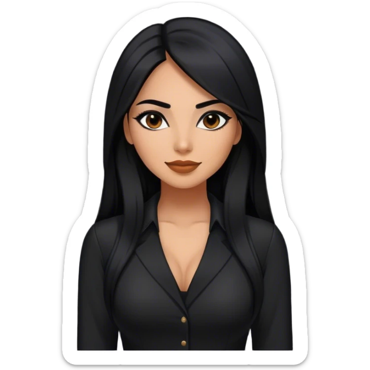 beautiful woman boss, with long straight black hair, with make up, black eye liner, smile, mexican, brown skin, wearing beautiful sexy black outfit, she has a shy attitude  sticker